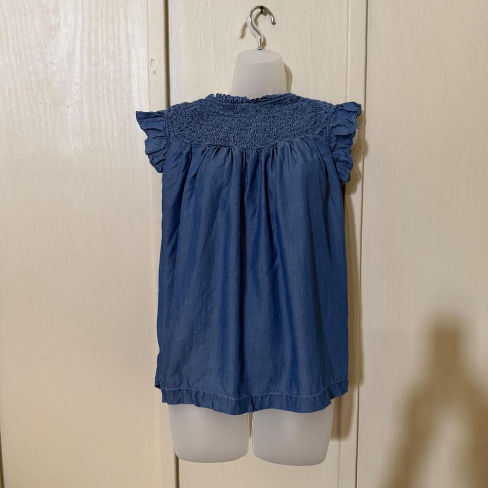 Crown & Ivy Blouse Womens 2X Blue Chambray Ruffle Flutter Sleeve Tunic Top